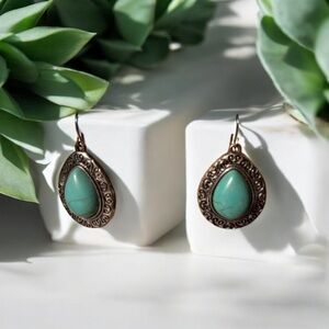 Silver earrings, Faux turquoise, teardrop, boho